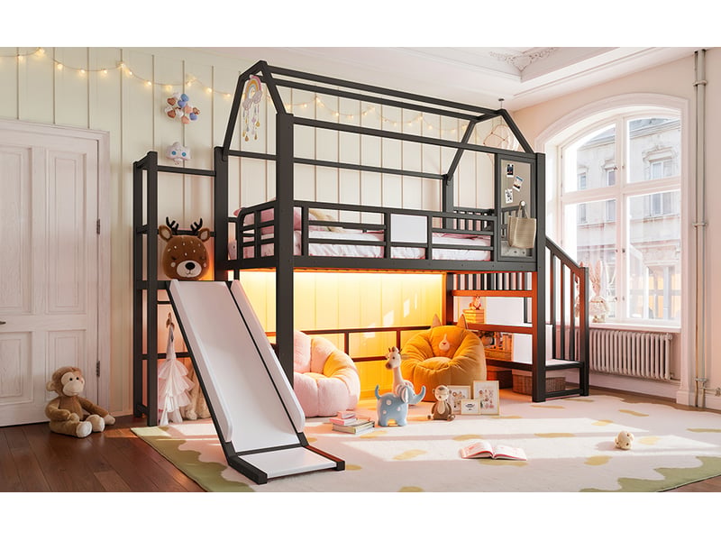  Lit mezzanine 90 × 200 cm, structure cabane, toboggan, escalier avec rangements, led par bluetooth, métal et mdf, noir  - Conforama B