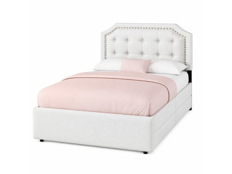  Lit avec tiroirs 90×200 cm en lin et mdf, lit simple avec 2 tiroirs et tête à hauteur réglable, sans matelas  - Conforama A