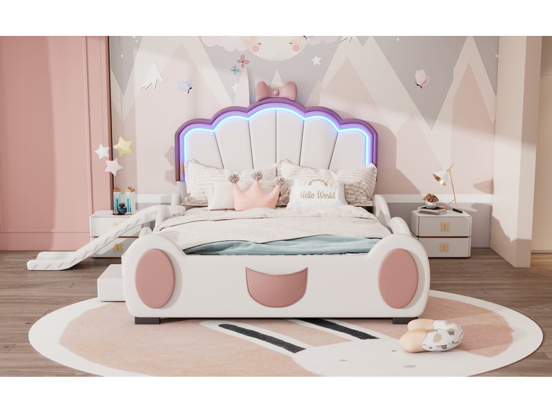 Lit enfant 140x200 cm rose et blanc - motif papillon, toboggan, échelle et led, ludique et pratique - Conforama D