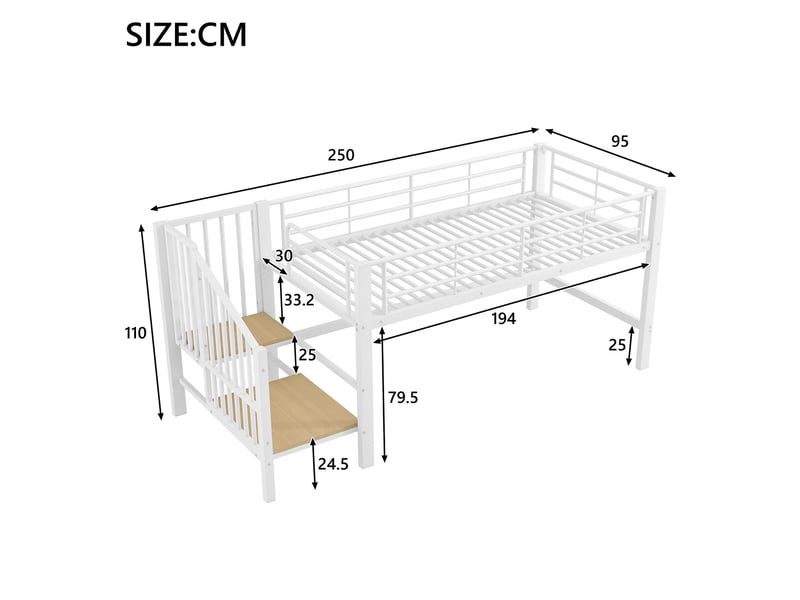 Lit surélevé 90 x 200 cm, lit enfant avec escalier de rangement, blanc, métal et mdf IKSETERA TRADING LTD - Conforama C