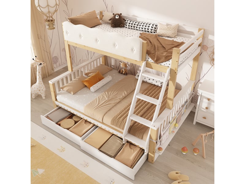  Lit superposé 90x200 et 140x200 avec barrière nuage, lit familial en bois pour enfants et adultes, tiroirs et porte-revues, blanc et chêne  - Conforama W