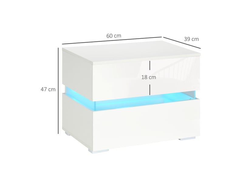  Table de chevet avec éclairage led rgb intégré, 2 tiroirs, 4 modes d'éclairage et 16 couleurs, en aggloméré, 60 x 39 x 47 cm, blanche  - Conforama E
