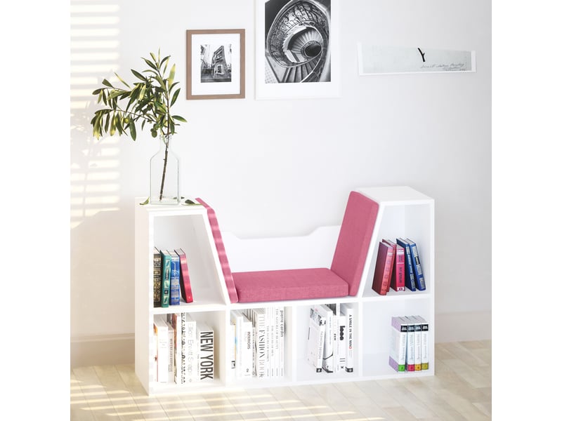 Étagère avec siège intégré, bibliothèque à 6 compartiments, coussin pour salon ou chambre, 102 x 30 x 61 cm, blanc et rose  - Conforama C