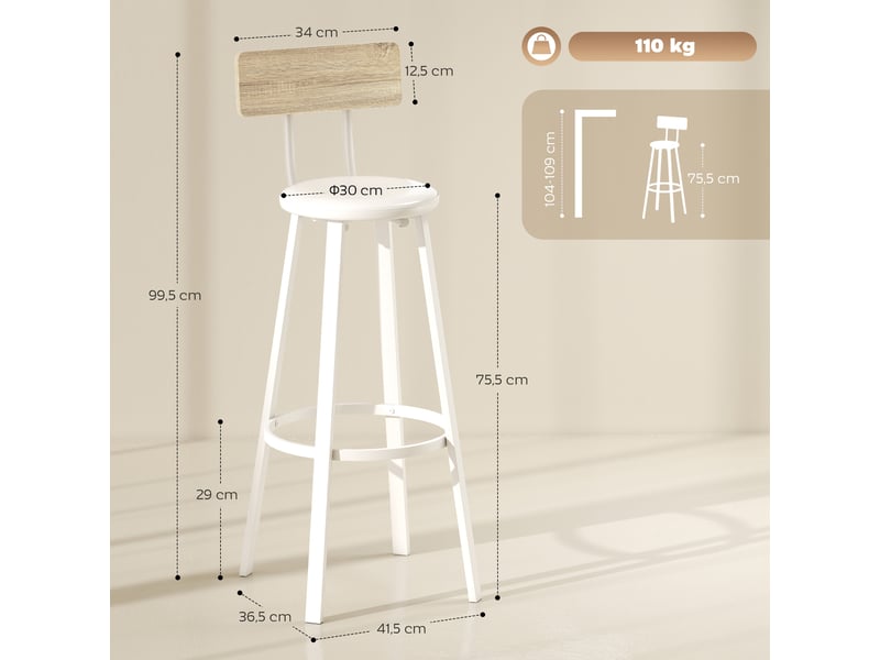  Lot de 2 tabourets de bar, chaises de bar, assise rembourrée 75,5h cm, dossier et repose-pieds, bois naturel et blanc  - Conforama E