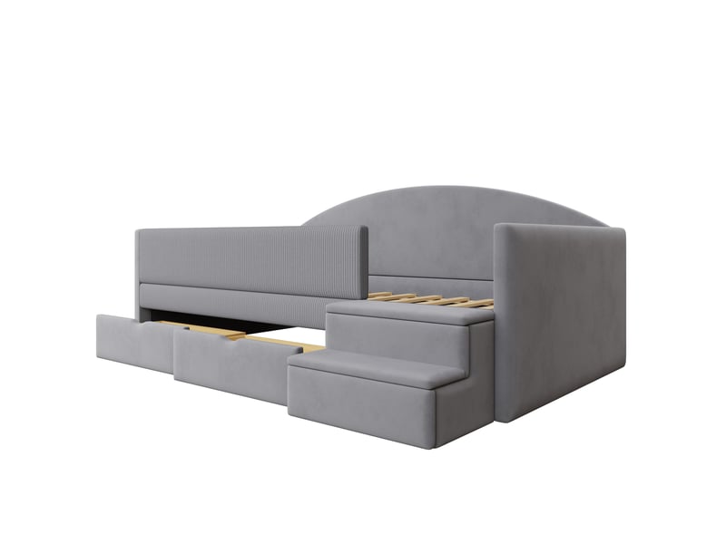 Lit enfant 90x190 cm gris clair en velours avec 2 tiroirs, marches antidérapantes et barrière - Conforama W