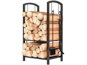 Porte-bûches en acier noir à 2 niveaux avec serviteur 4 pièces, charge 100 kg