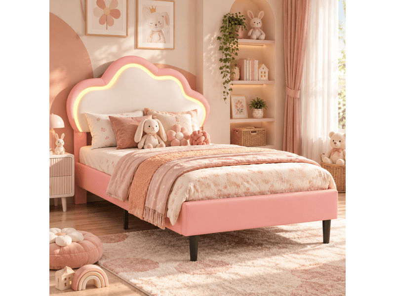  Lit enfant fille 90x200 avec led, lit princesse avec tête de lit en nuage, lits 1 personne pour fille adolescent, , pu, sans matelas, rose  - Conforama A