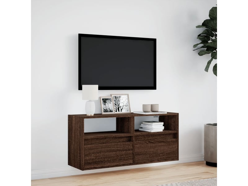  Meuble tv - banc tv - meuble de rangement mural avec lumières led chêne marron 100x31x45 cm  - Conforama D