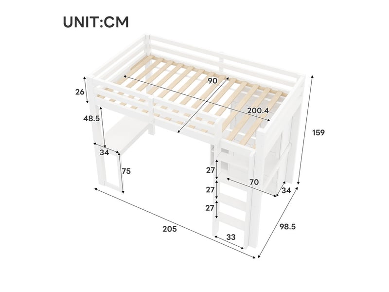  Lit mezzanine 90x200cm avec bureau, étagères, armoire, port usb et éclairage led, blanc  - Conforama C