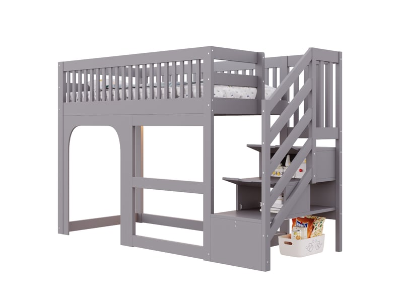  Lit mezzanine enfant 90 x 200 cm gris avec escalier de rangement, led et sommier à lattes  - Conforama A