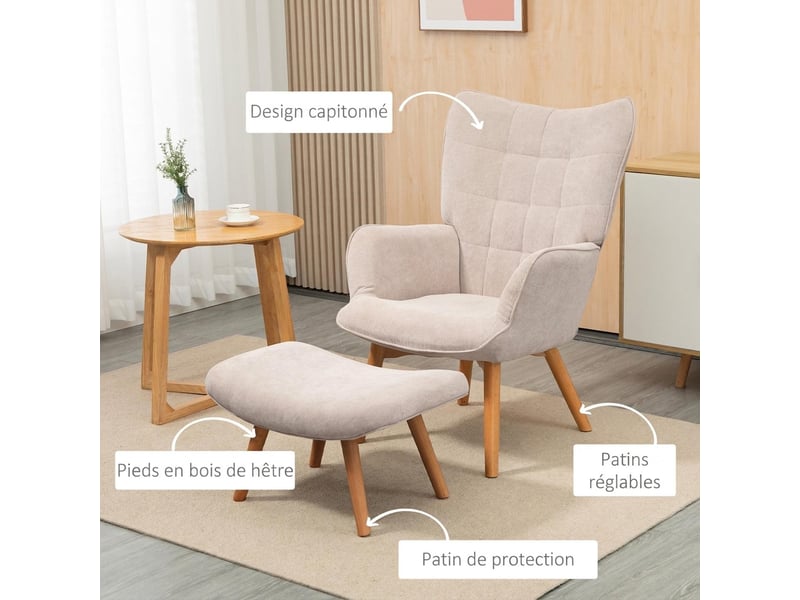  Fauteuil avec repose-pieds dossier haut en velours côtelé beige  - Conforama E