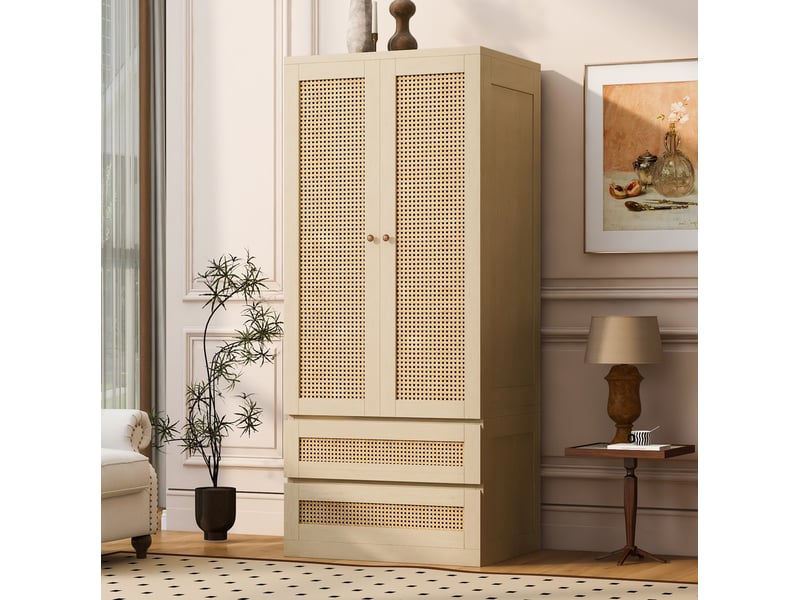 Armoire avec 2 portes, 2 tiroirs et compartiment, portes aspect rotin, pour chambre, finition bois, 70 × 55 × 170 cm - Conforama B