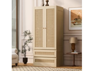 Armoire avec 2 portes, 2 tiroirs et compartiment, portes aspect rotin, pour chambre, finition bois, 70 × 55 × 170 cm