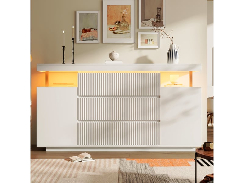 Buffet blanc led 150 × 40 × 78 cm, 6 tiroirs rainurés et 2 portes IKSETERA TRADING LTD - Conforama D