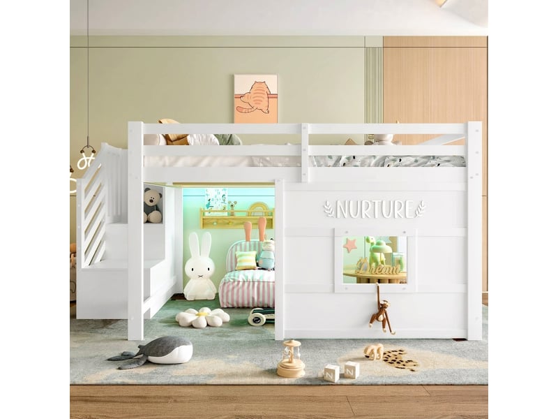 Lit mezzanine 140x200 avec escalier de rangement et fenêtre, bois massif, blanc - Conforama B