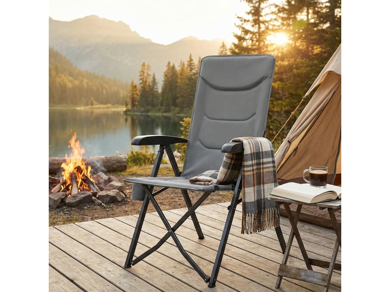 Chaise de camping, dossier réglable 95°-150°, porte-gobelet, sac de transport, pêche, jardin, gris  - Conforama B