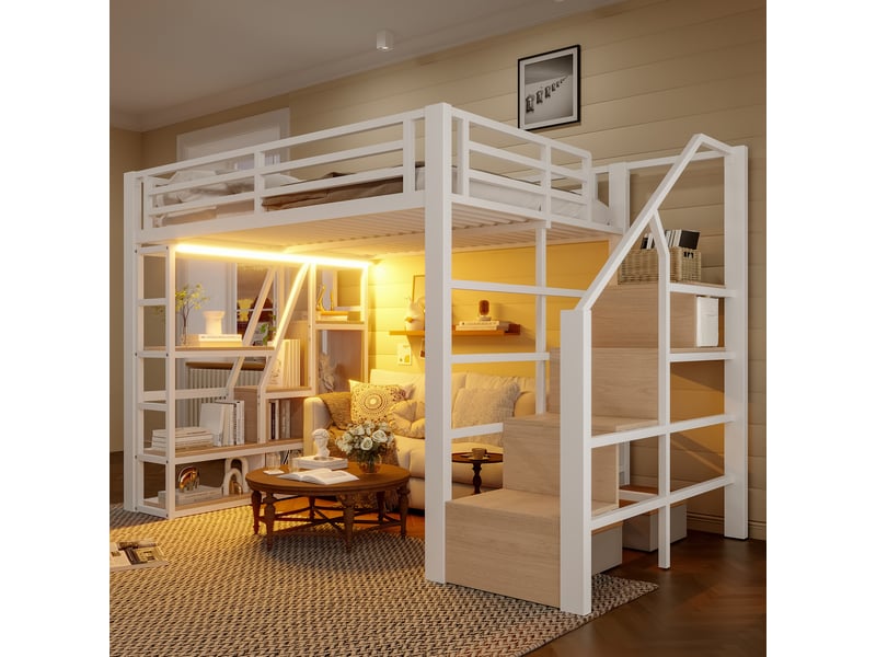  Lit mezzanine 140x200 cm avec étagères, escalier de rangement et led blanc  - Conforama D