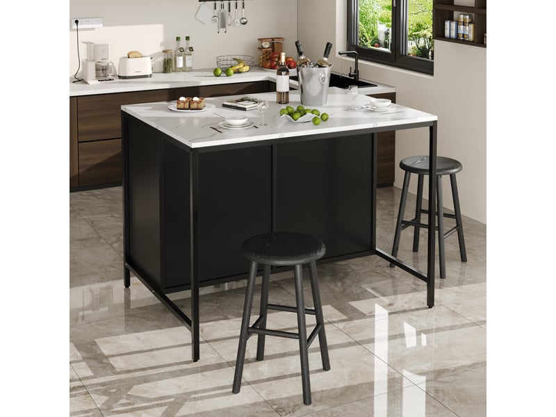  Table haute noire îlot de cuisine effet marbre, table de bar avec tiroirs et étagère, 100x90x90 cm  - Conforama B