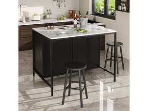 Table haute noire îlot de cuisine effet marbre, table de bar avec tiroirs et étagère, 100x90x90 cm