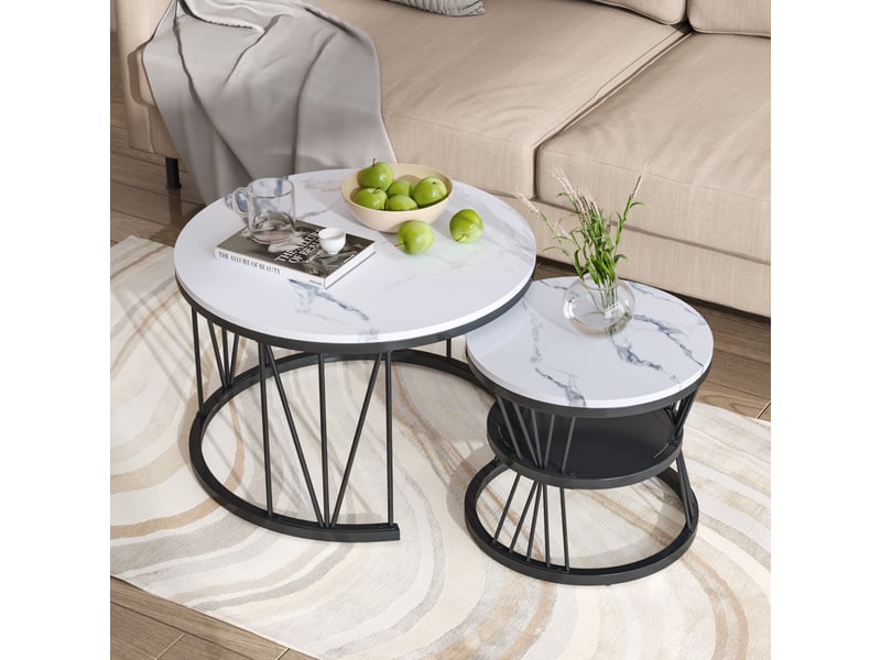  Lot de 2 tables basses rondes gigognes de salon 7045cm blanc et noir - design moderne avec support en v et étagère de rangement  - Conforama D