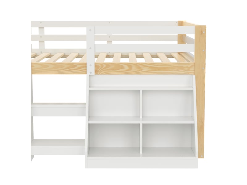 Lit enfant 140 x 200 cm – avec étagères de rangement – avec barrières de sécurité – avec échelle – avec éclairage led – blanc + naturel (matelas non inclus) - Conforama W