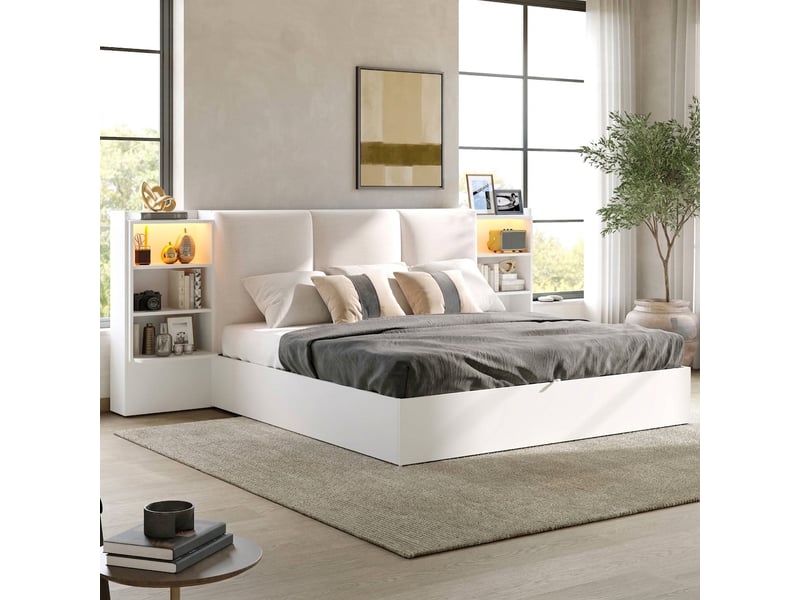 Lit coffre 180x200 avec rangement hydraulique, tête de lit capitonnée et éclairage led, blanc - Conforama C