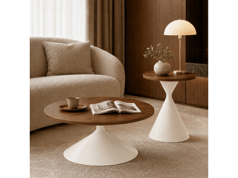  Lot de 2 tables basses rondes, plateau effet noyer chaleureux, pied en acier carbone blanc crème, ø7050 cm, design conique.  - Conforama W