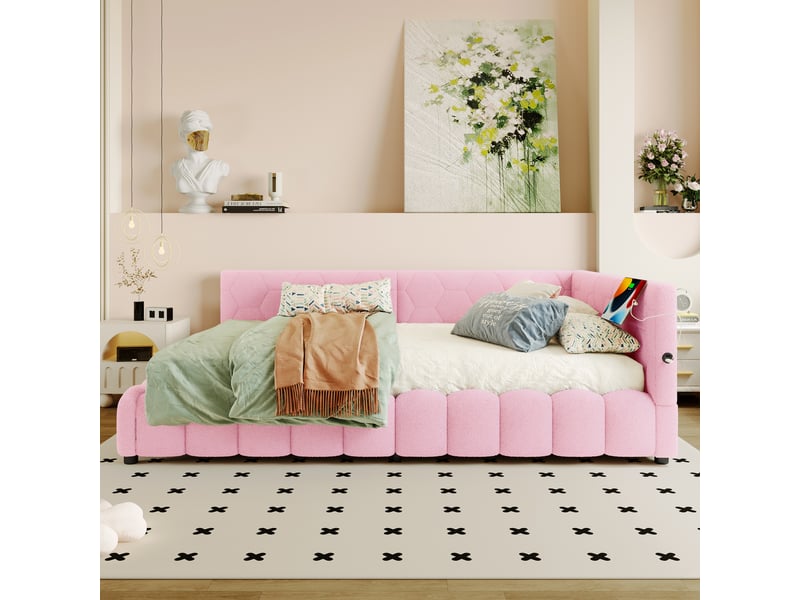  Lit de jour 140x200 canapé lit en velours rose avec coffre de rangement hydraulique et ports usbtype-c  - Conforama B