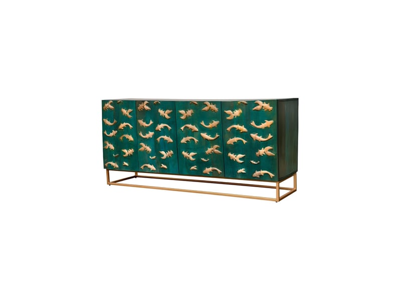  Buffet mizu 177 cm en bois massif de manguier turquoise – 4 portes – pieds et détails dorés  - Conforama A