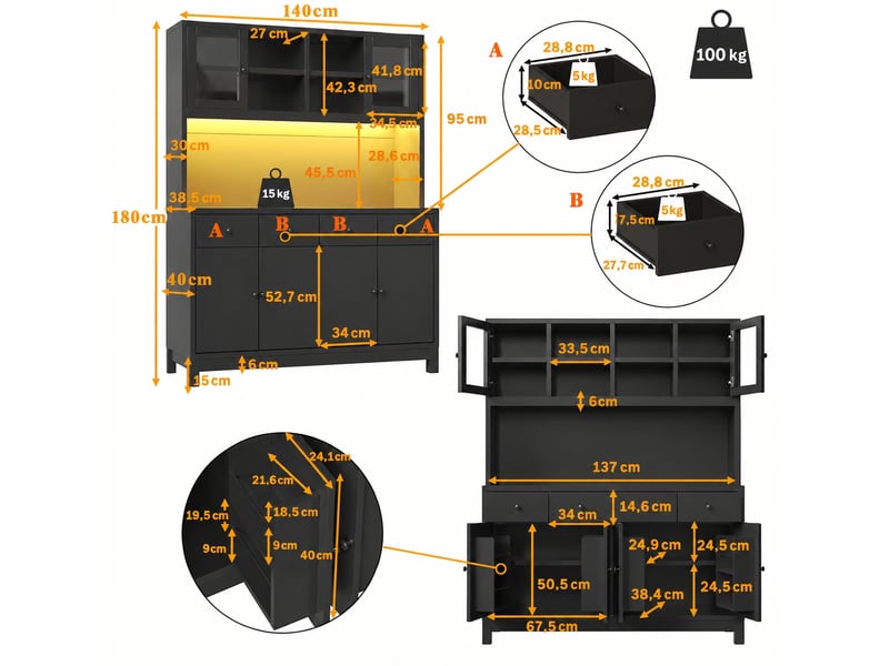 Meuble de cuisine muvano, buffet haut noir avec portes vitrées, 4 tiroirs, 140 × 38,5 × 180 cm - Conforama W