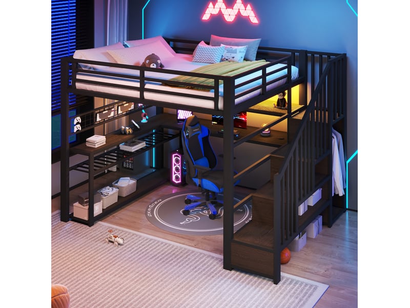  Lit mezzanine en métal 140x200 cm avec bureau, armoire, led rgb et rangements noir  - Conforama D