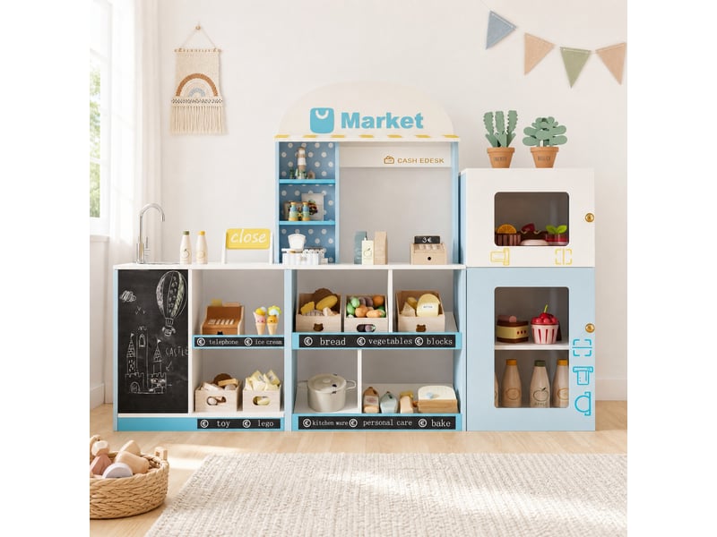  Jeu de marchande enfant 155x30x107,5 cm avec tableau noir mdf bleu  - Conforama B