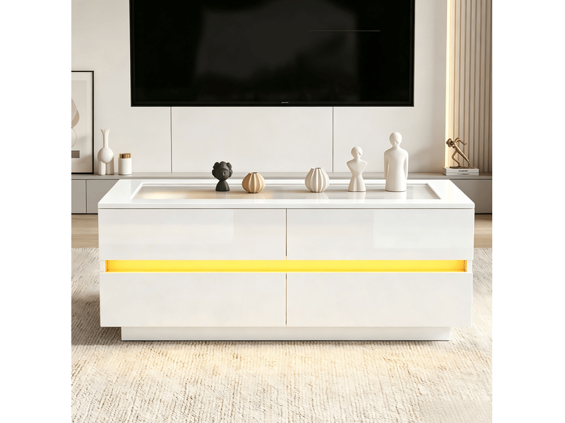  Table basse 100x50x40 cm en panneaux de particules et verre trempé avec 4 tiroirs et éclairage led blanc chicfurn  - Conforama B