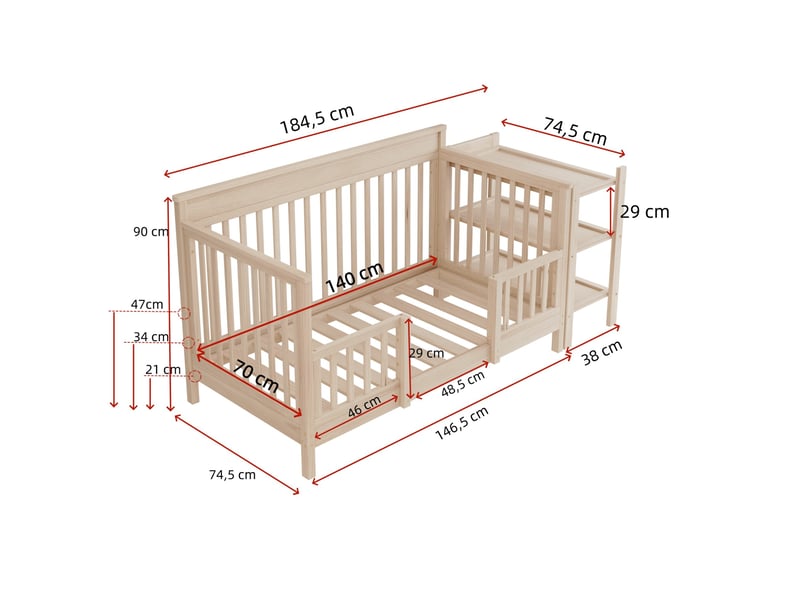  Lit bébé 3 en 1 184.5x74.5x90 cm en bois de pin naturel avec table à langer  - Conforama C