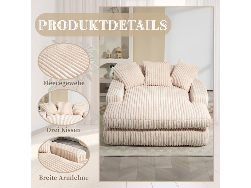 Méridienne 1 place 155 cm-canapé lounge en velours côtelé avec 3 coussins-beige - Conforama D