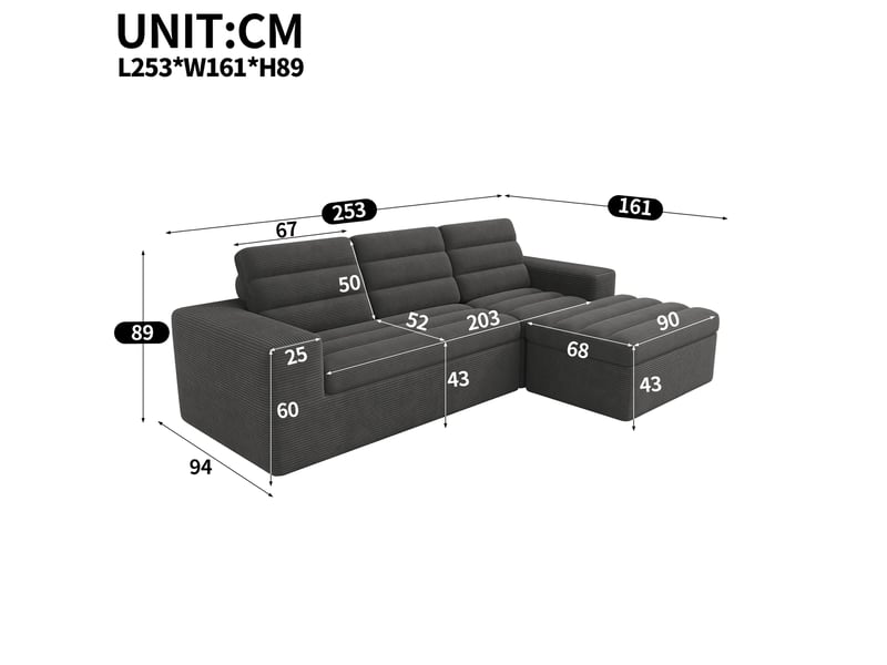  Canapé d'angle modulable en l, velours côtelé gris foncé, canapé nuage sans armature 4 places avec pouf pour salon &amp; appartement  - Conforama C