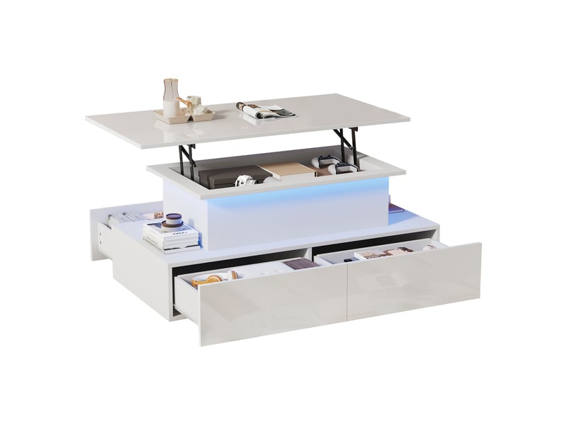 Table basse, avec éclairage led, avec 4 tiroirs, 90 x 55 x h 41–54 cm, blanc, rangement pratique, structure en panneau de particules, finition laquée Luxe haut de gamme - Conforama A