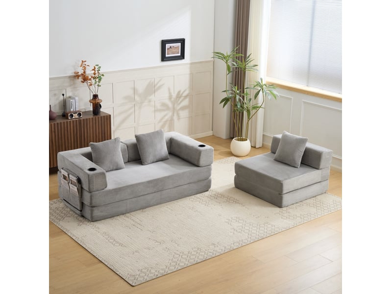  Canapé-lit convertible 277.5x92.5x60 cm 3 places velours côtelé gris clair sans matelas  - Conforama C