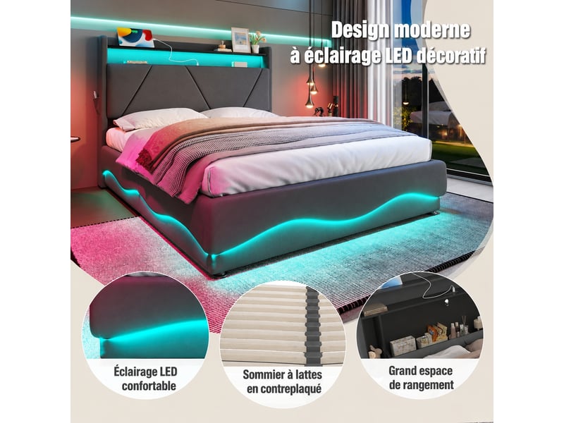 Lit coffre 160 x 200 cm en velours gris foncé, tête de lit avec led, rangement intégré et ports usb type-c - Conforama E
