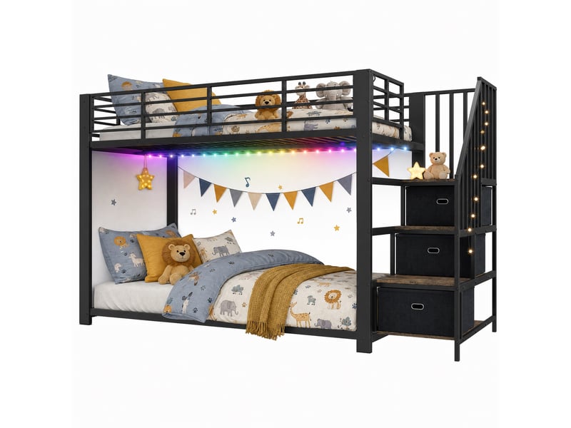  Lit superposé adulte 90 x 200 cm avec escalier réversible, rangement, led et prise électrique, mdf et métal, noir OMNIGLINT TRADING LTD - Conforama A
