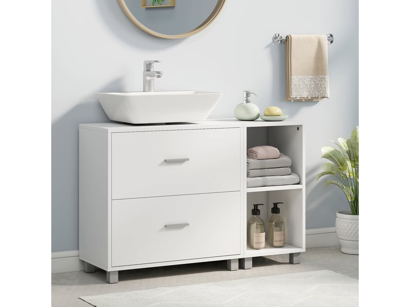  Meuble sous lavabo pour vasque suspendue sans colonne, 2 tiroirs, étagères, blanc, 90 cm  - Conforama C