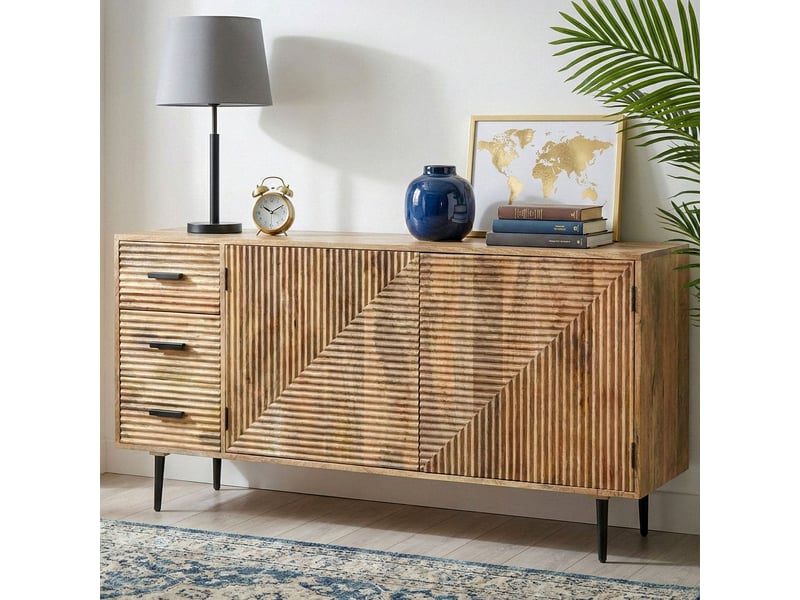 Finebuy buffet en bois massif de manguier 160cm - commode avec 2 portes et 3 tiroirs - armoire de couloir meuble de salon avec pieds en métal - enfilade design - armoire moderne faite à la main  - Conforama B
