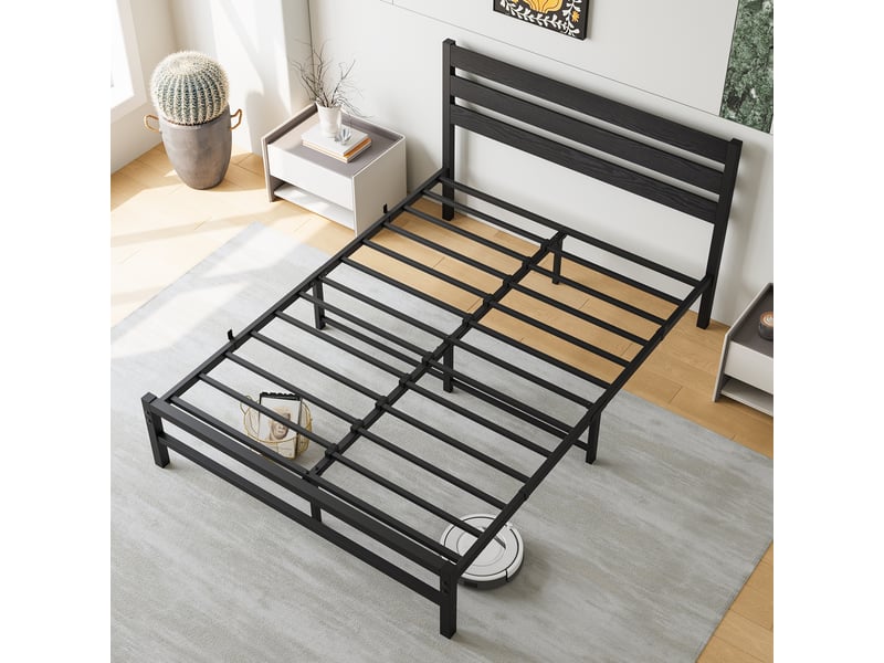 Lit adulte 140 × 200 cm avec tête confortable, sans matelas, en métal et mdf, noir, design moderne - Conforama D
