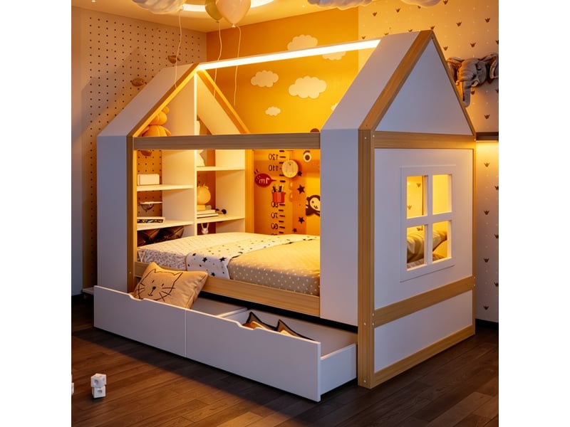  Lit cabane 90x200 cm, lit enfant, 2 tiroirs, led, bois naturel et blanc, forme maison  - Conforama R