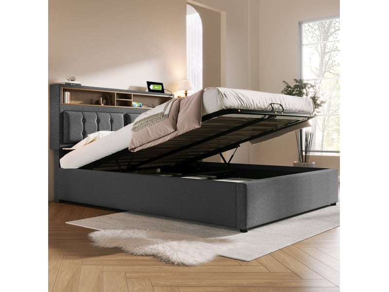  Lit coffre tcqpz 160 x 200 cm gris en lin avec tête de lit réglable usb type c et prises  - Conforama D
