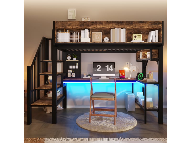 Lit mezzanine 90 x 200 cm, bureau d’angle, escalier à rangements, led, 2 prises, usb et usb-c, métal et mdf, sans matelas, noir et décor bois brun Luxe haut de gamme - Conforama D