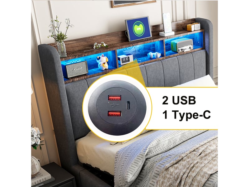 Lit capitonné 180x200 cm gris en lin, led, prise usb, tête avec rangements et coffre hydraulique et cadre métal stable  - Conforama D