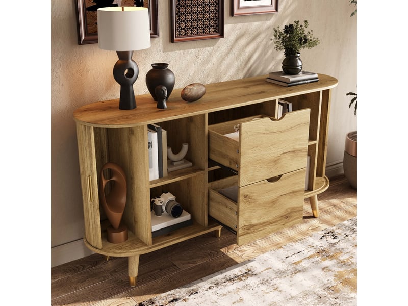  Commode deux tiroirs et deux portes coulissantes, 140 x40 x 79,5 cm, avec veinage vertical, pieds en bois massif et élément d'angle arrondi  - Conforama D