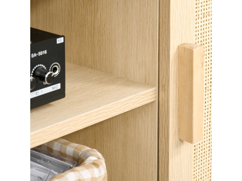  Meuble tv banc tv 2 niches 2 placards porte cannage en rotin mdf aspect bois clair dim. 115l x 40l x 48h cm  - Conforama W