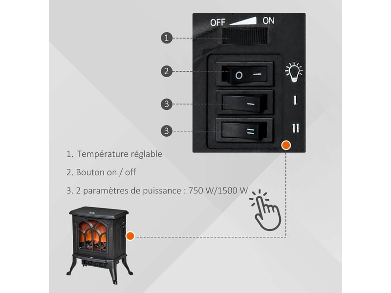  Cheminée électrique sur pied 7501500 w, fausse cheminée décorative avec effet flamme led, protection contre la surchauffe, zone de couverture 15-20 m², noir  - Conforama E